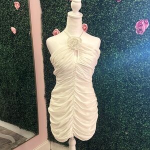Elegant White Ruched Halter Dress